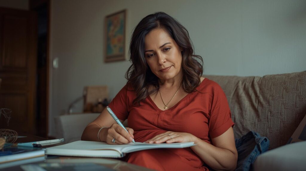 Mulher adulta em momento de reflexão sobre caderno de estudos — aprender a estudar como prática contínua