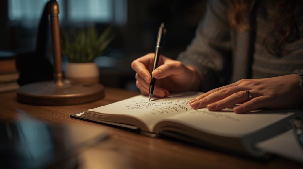 Mãos de mulher adulta escrevendo em caderno — aprendizagem ativa como estratégia de estudo