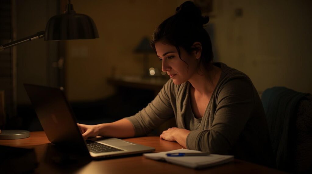 Mulher adulta estudando à noite com laptop e caderno — repetição espaçada como estratégia de aprendizagem