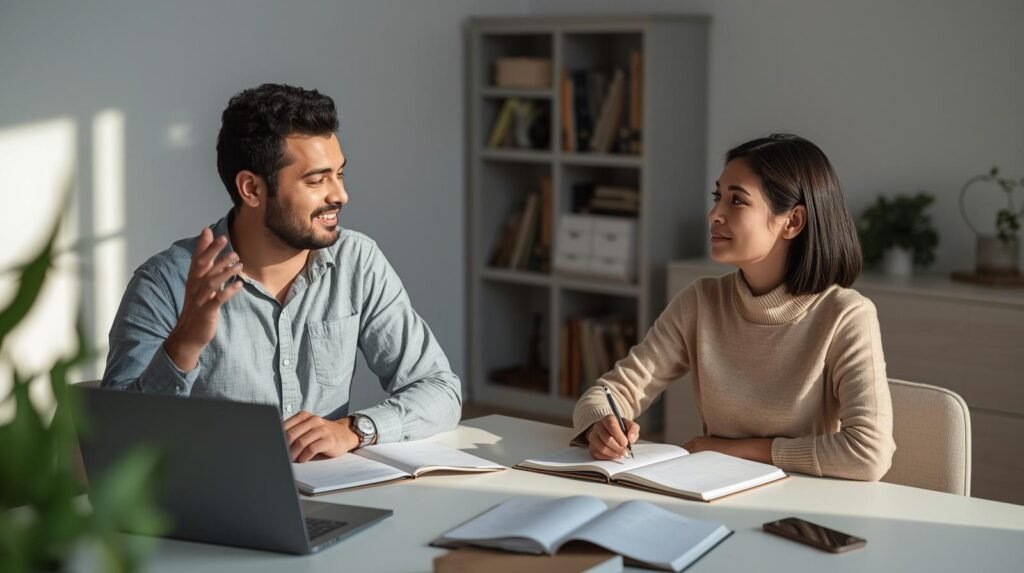 Duas pessoas trocando ideias sobre como estudar com método