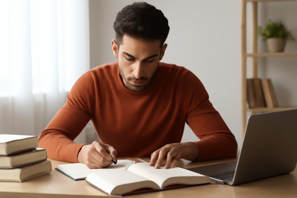 Estudante organizando seus estudos em ambiente calmo e produtivo.