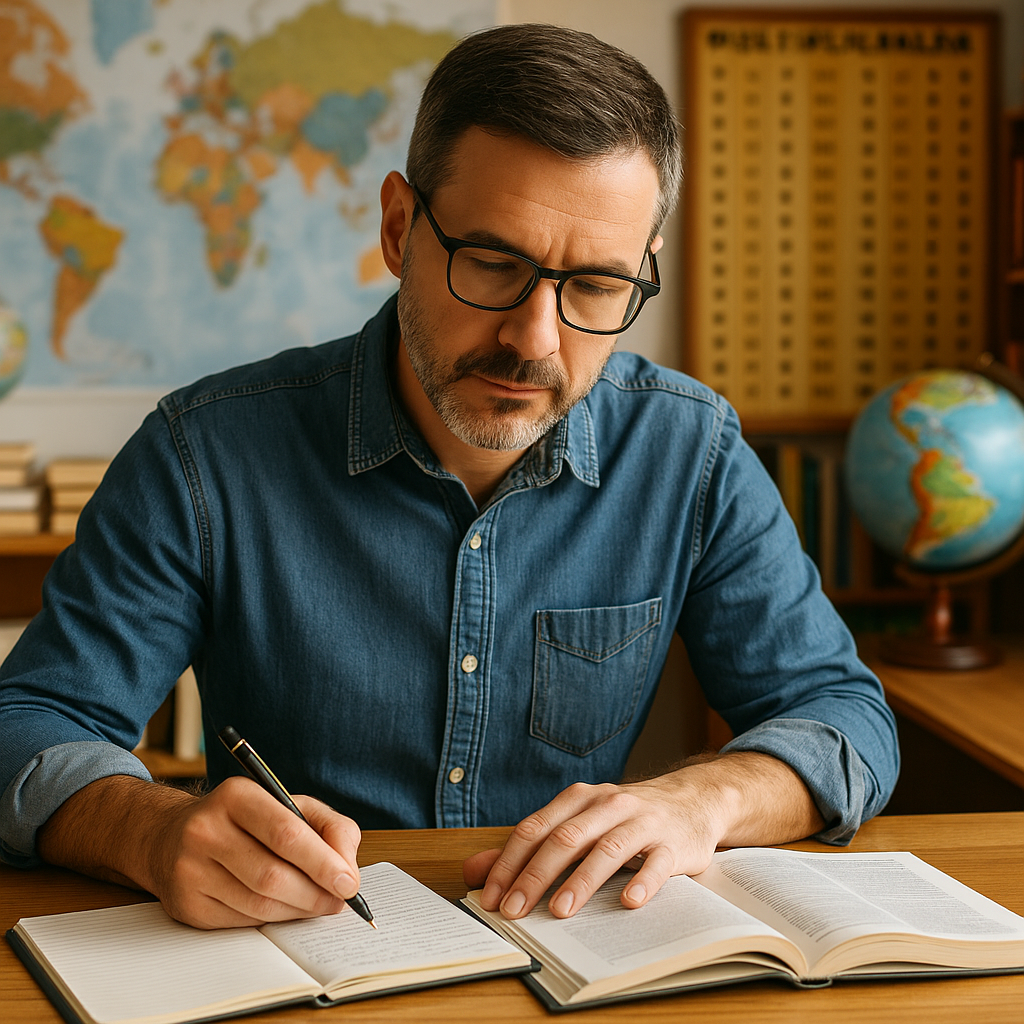 Homem de aproximadamente 40 anos com expressão concentrada, vestindo camisa jeans e óculos, escreve em um caderno aberto em uma mesa de madeira. Ao fundo, um ambiente de estudo completo com mapa-múndi, tabela de multiplicação e globo terrestre, criando um espaço pedagógico rico e organizado.