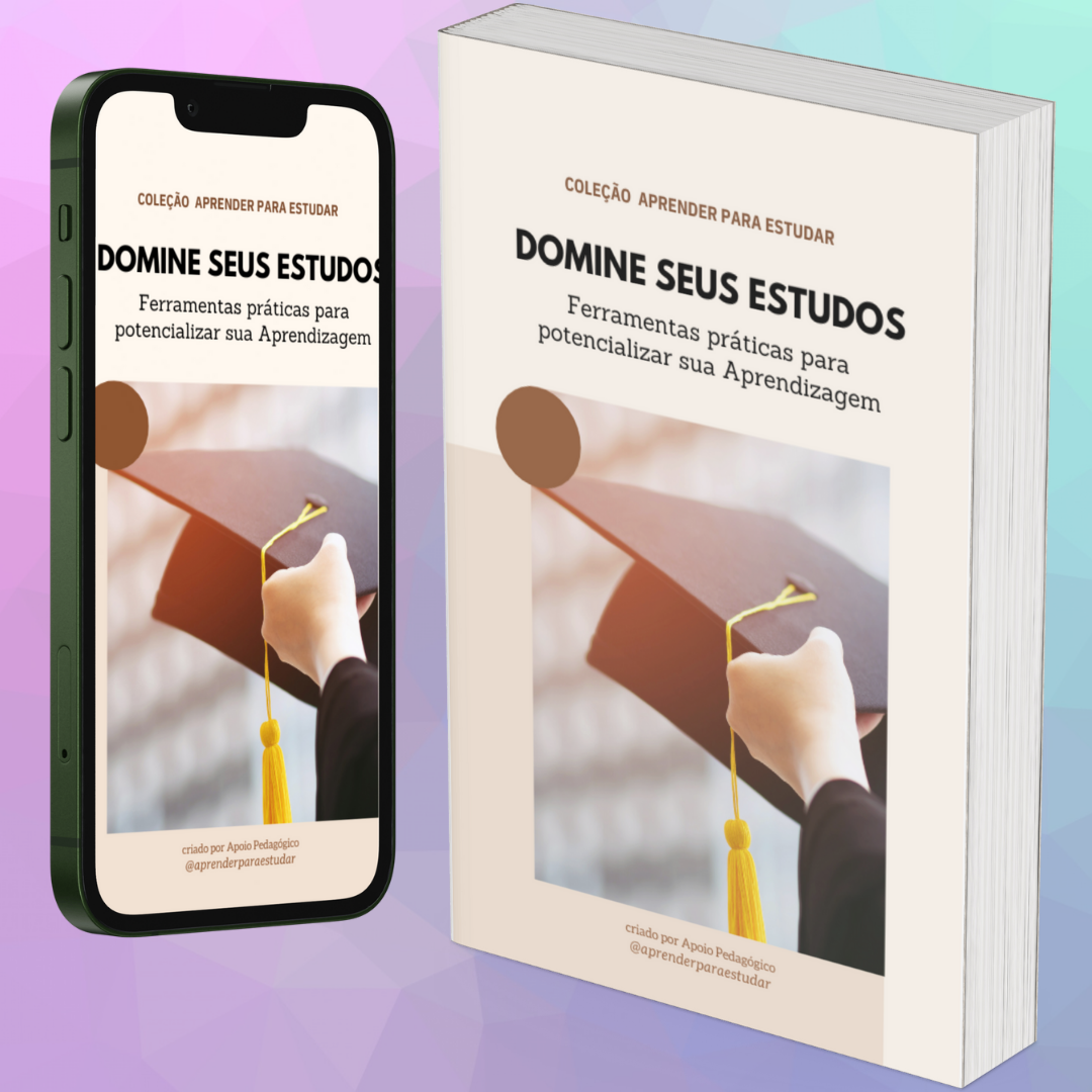 Capa do e-book “Domine seus Estudos: Ferramentas práticas para potencializar sua aprendizagem”, exibida em um livro físico e na tela de um smartphone, com imagem de um formando segurando um capelo, sobre fundo em tons claros.