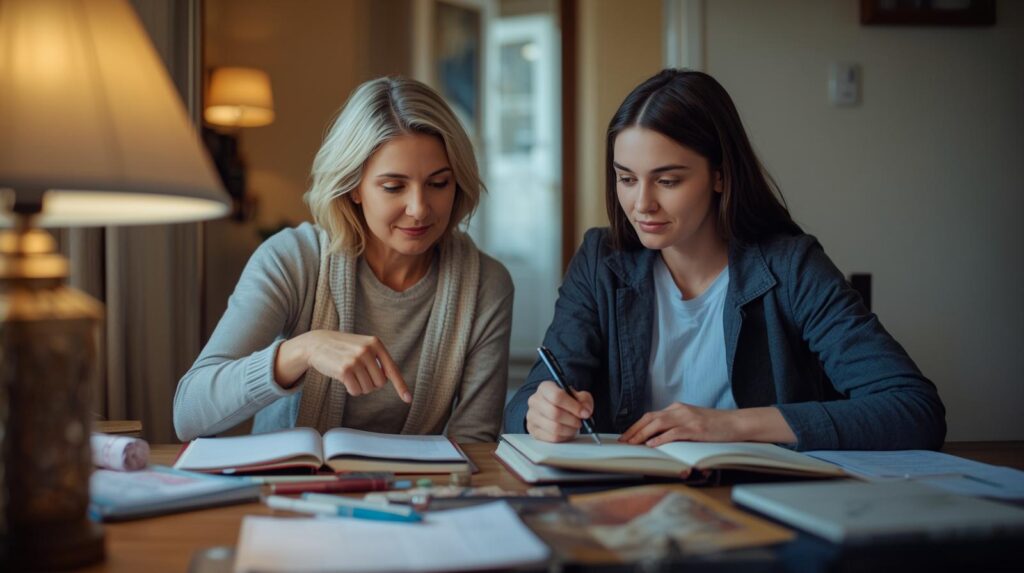 Duas mulheres estudando juntas — apoio ao desenvolvimento de hábitos de estudo

O critério de aprovação do projeto se aplica às duas: "Uma mulher adulta que estuda no intervalo das tarefas se reconheceria nessa cena?" — e no caso da segunda imagem, também: "A cena comunica estudo e troca, não visita ou bate-papo?"Você disse: Troque para um personagem masculino de 35 anosTroque para um personagem masculino de 35 anos22:31Claude respondeu: Atualizado!Atualizado! Aqui estão as duas sugestões com personagem masculino.

Imagem Interna 1 — atualizada
Onde inserir: após o H2 "Estratégias de aprendizagem: o que funciona na prática", depois da lista de estratégias.
Prompt Canva IA:
Brazilian man in his mid-30s, sitting at a kitchen or living room table, actively taking notes. Open notebook with handwritten notes, pen in hand, printed study sheets with colored highlights nearby. Body leaning slightly forward — posture of real concentration. Solid-colored casual top in warm tone (navy or olive green). Simple domestic environment, warm natural light from a regular window. Candid, documentary-style. No café, no coworking. IMPORTANT: no readable text anywhere in the image.
Campos WordPress:
CampoConteúdoNome do arquivohabitos-estudo-homem-anotacoes-estrategias.webpALT textHomem fazendo anotações — estratégias de hábitos de estudo na prática

Imagem Interna 2 — atualizada
Onde inserir: após o H2 "Para pais e educadores", depois dos bullets de orientação.
Prompt Canva IA:
Two people at a simple home table — a Brazilian man in his mid-30s and a woman in her mid-40s. The woman points to something in an open notebook or printed study sheet; the man looks attentively, pen in hand. Both in casual solid-colored tops, different colors. Open notebooks and study materials on the table. Warm lamp light or late afternoon window light. Simple domestic environment with real-life imperfections. Candid, documentary-style photography. No café, no styled apartment. IMPORTANT: no readable text anywhere in the image.
Campos WordPress:
CampoConteúdoNome do arquivohabitos-estudo-apoio-educador-homem-mulher.webpALT textHomem e mulher estudando juntos — apoio ao desenvolvimento de hábitos de estudo

O critério de aprovação continua o mesmo: a cena precisa comunicar estudo real e presença intelectual — não pose, não conversa social.