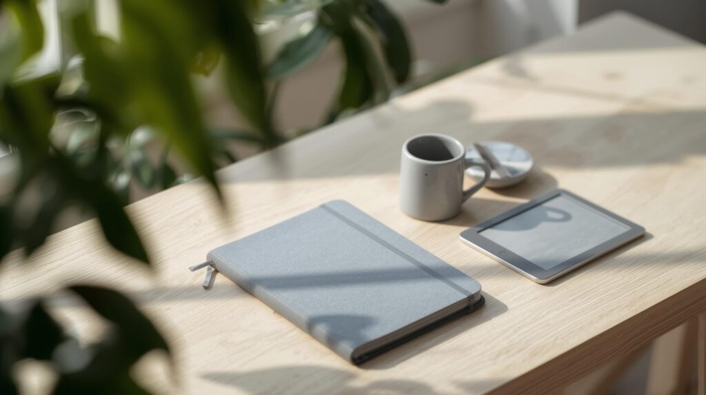 Mesa de estudo com e-reader e caderno em ambiente doméstico — leitura digital consciente com o Sora