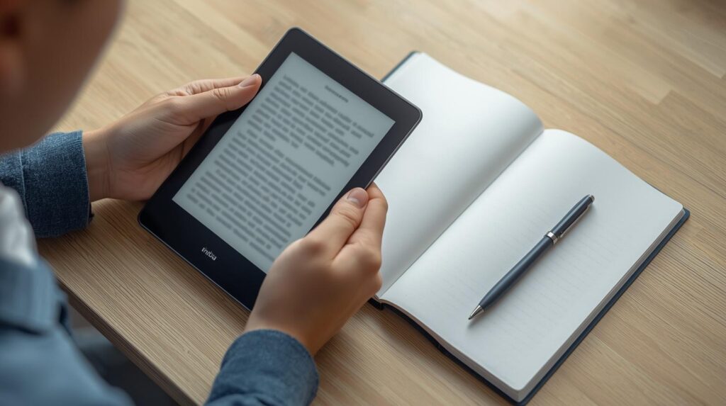 Mãos segurando e-reader aberto com caderno ao lado — leitura ativa e anotações com o Sora para estudar