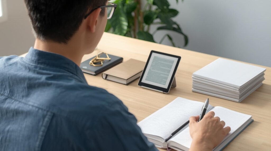 Jovem estudante com e-reader e caderno em mesa organizada — estratégias para usar o Sora para estudar