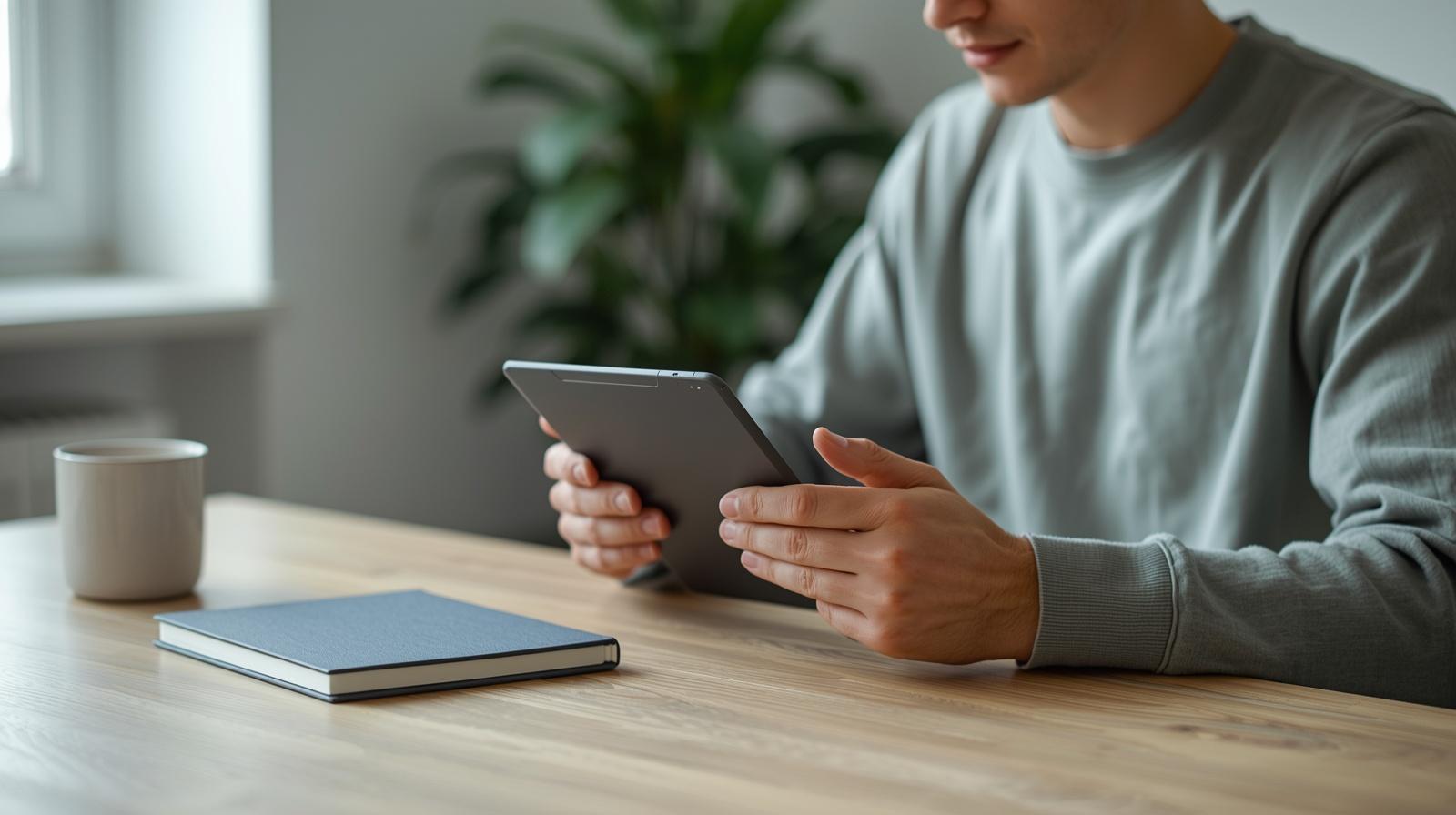 Jovem caucasiano estudando com e-reader em mesa doméstica com luz natural — como usar o Sora para estudar