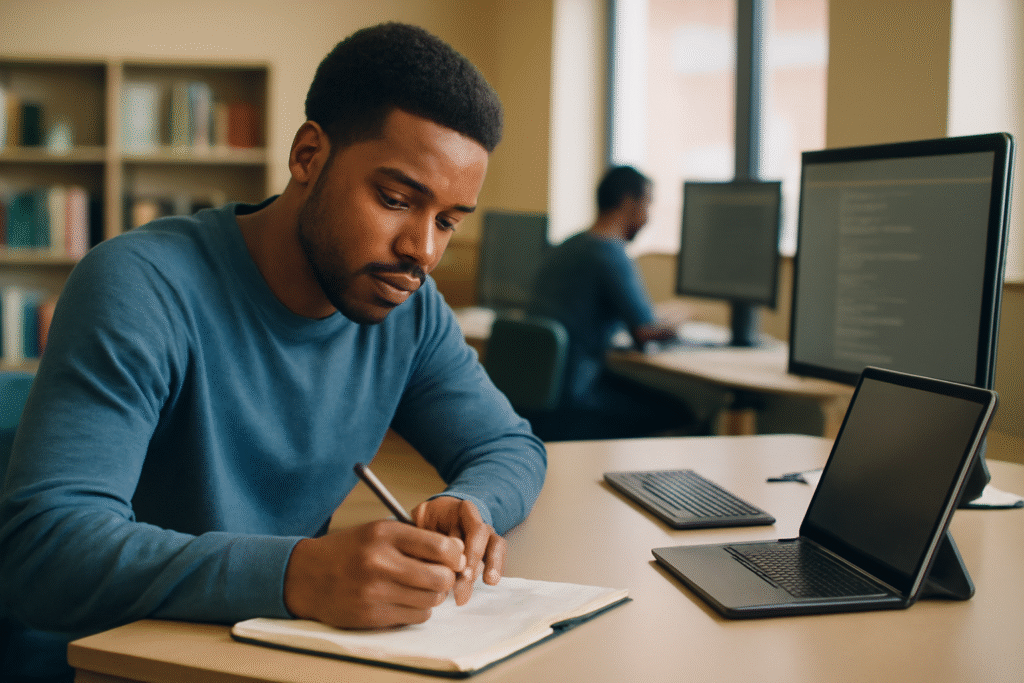 Um jovem homem com cabelo curto está concentrado em escrever em um caderno em um ambiente de trabalho moderno. Ele está rodeado por tecnologia, incluindo um laptop e desktop. O espaço de estudo é bem iluminado, com luz natural fluindo por uma janela, e o ambiente tem paredes de cor bege. Ao fundo, um colega está trabalhando em outro computador.