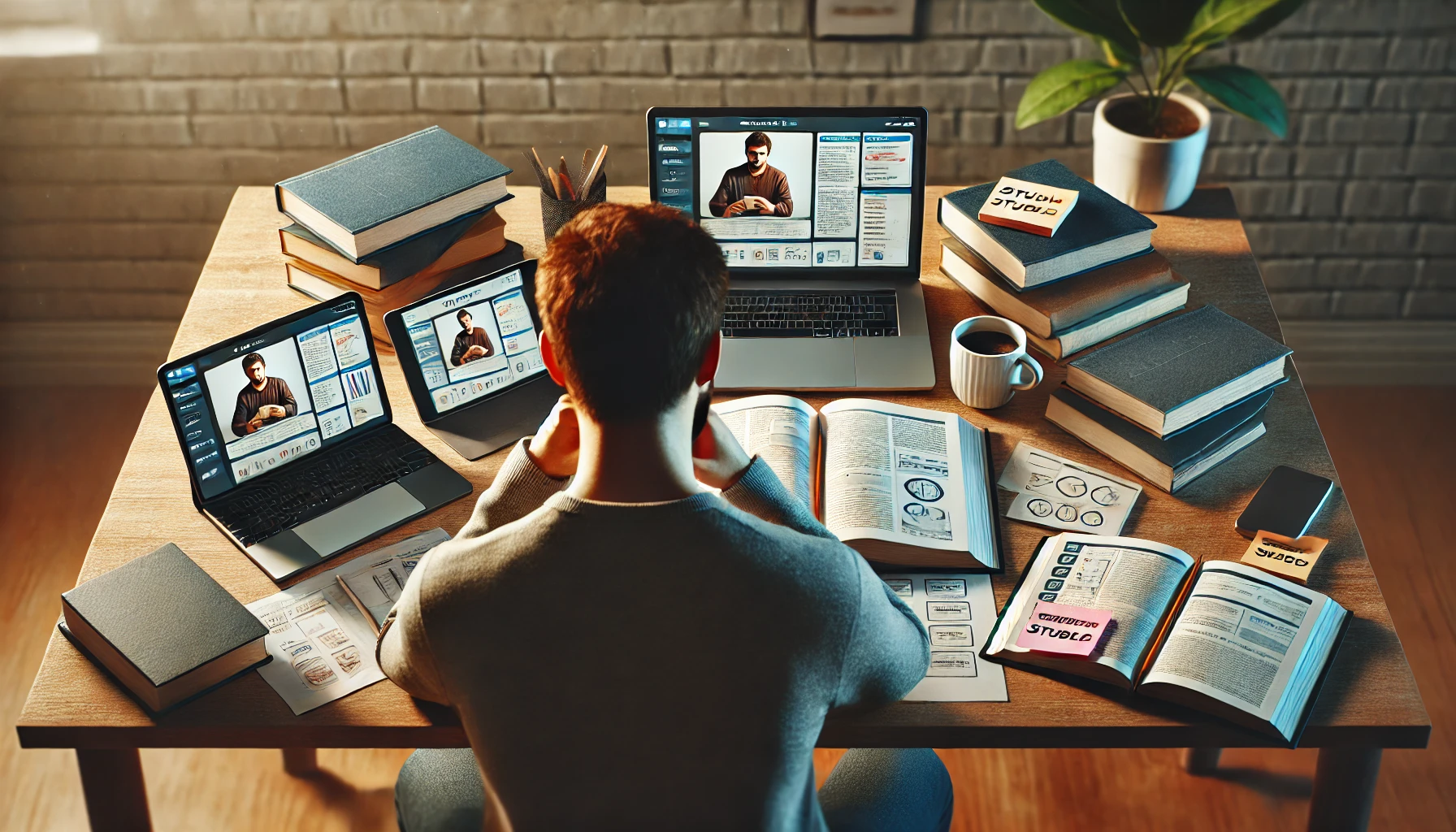 Estudante usando um laptop, tablet e livros ao mesmo tempo enquanto assiste a uma aula online, aplicando diferentes métodos de aprendizado em seu processo educacional.