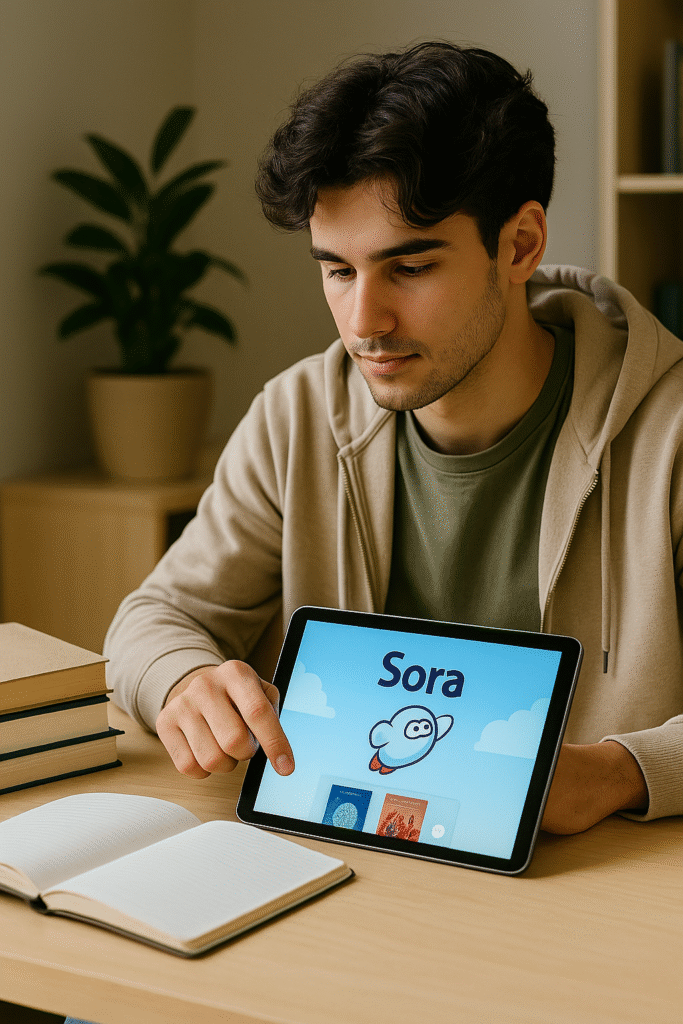 Jovem sentado em um ambiente de estudo, usando um tablet com o aplicativo Sora aberto. Ao lado, livros e cadernos. Representa o uso da tecnologia como apoio na aprendizagem.