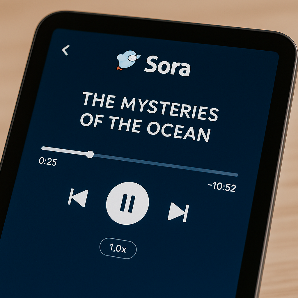 nterface do aplicativo Sora mostrando um audiolivro em execução. Botões de play, pause e controle de velocidade estão visíveis, destacando os recursos intuitivos da plataforma.