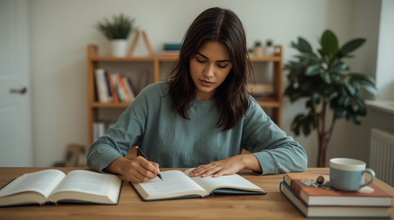 Mulher estudando com múltiplos recursos em mesa organizada — como combinar métodos de estudo para aprender de verdade.
