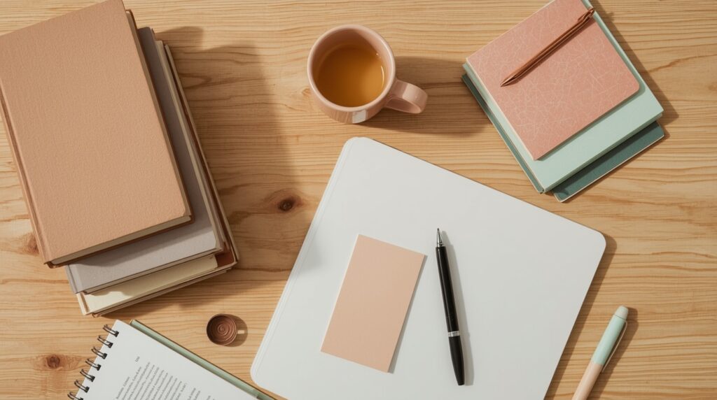 Cadernos, livros, caneta e xícara organizados em mesa de madeira — combinar métodos de estudo com diferentes recursos