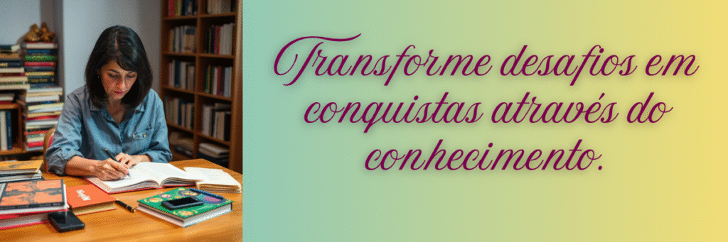 Mulher adulta de cabelos escuros estuda em uma mesa repleta de livros e materiais, com estante ao fundo, ao lado da frase “Transforme desafios em conquistas através do conhecimento” em destaque sobre um fundo colorido.