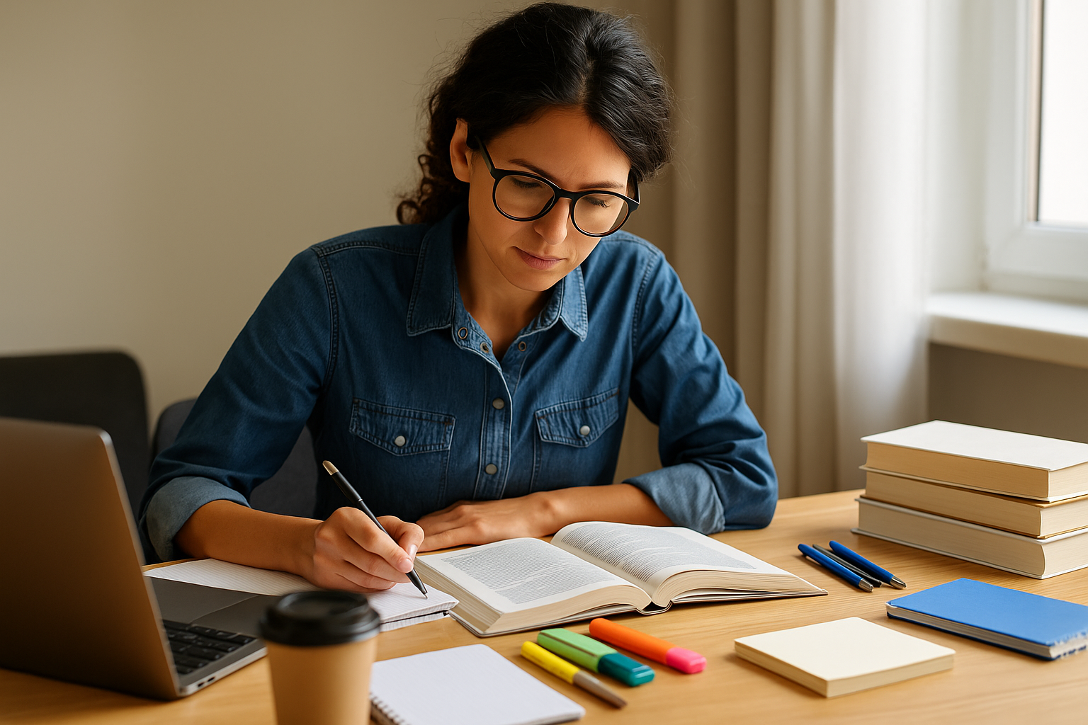 Mulher adulta estudando em uma mesa com livros, caderno, notebook e itens escolares.