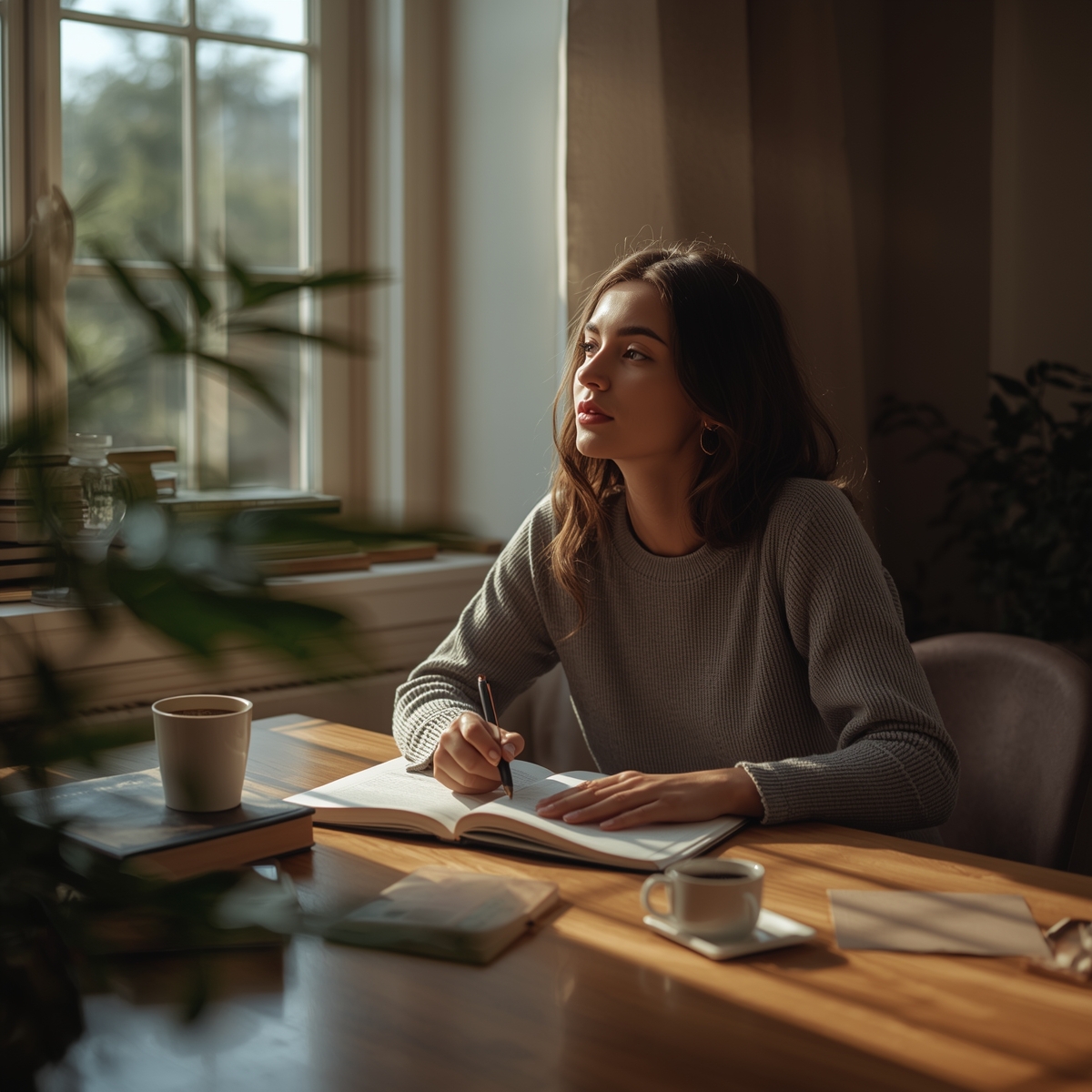Mulher de 30 anos estudando em ambiente tranquilo, próxima a uma janela com luz natural, refletindo sobre o aprendizado consciente e o crescimento pessoal.
