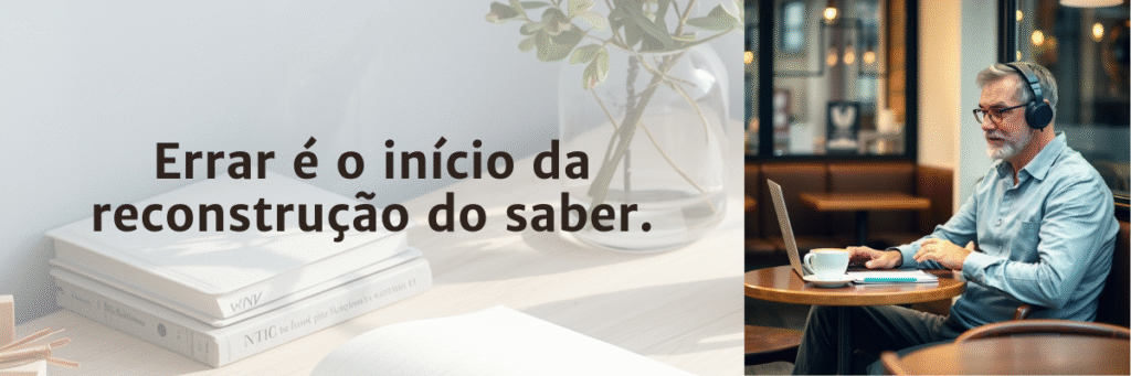 Pessoa estudando concentrada em um laptop, em ambiente iluminado, com a frase “Aprender com o erro é a arte de recomeçar com consciência”.