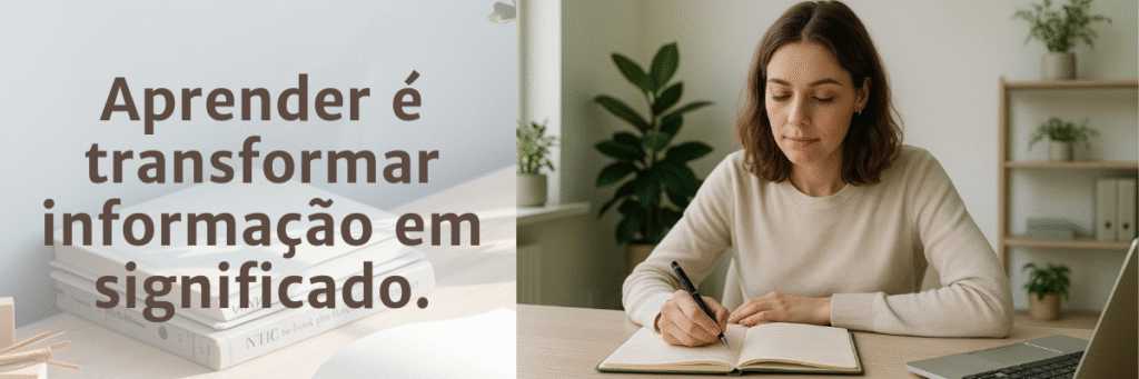 Mulher adulta lendo atentamente em ambiente tranquilo e iluminado, representando o momento em que o cérebro transforma informação em conhecimento.