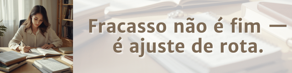 Mulher jovem estudando em uma mesa, escrevendo em um caderno, com computador ao lado. Sobreposto, o texto: ‘Fracasso não é fim — é ajuste de rota.’