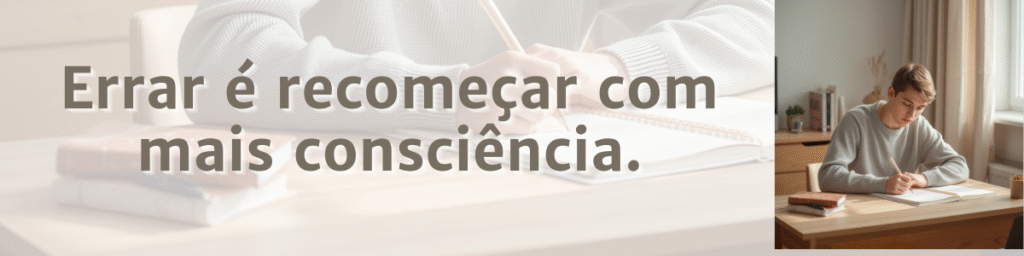 Estudante jovém adulto usando notebook em uma biblioteca, com livros ao fundo. Sobreposto, o texto: ‘Errar é recomeçar com mais consciência.’
