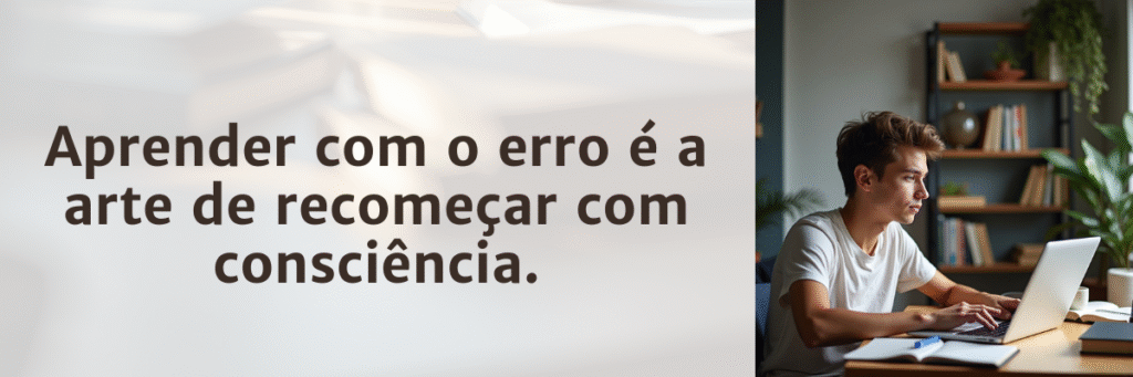 Homem maduro trabalha em um espaço calmo com livros e laptop, acompanhado da frase “Errar é o início da reconstrução do saber”.