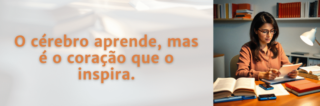 Mulher, adulta e jovem, estudando com expressão serena, olhando para o material de estudo sobre uma mesa simples, retratando a atenção e o foco que favorecem o aprendizado consciente.