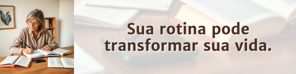 Mulher organizando materiais de estudo com a frase “Sua rotina pode transformar sua vida”.