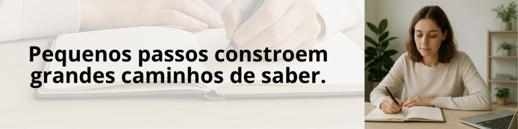 Mulher adulta jovem, estudando em um ambiente moderno e iluminado, sentada à mesa com notebook e caderno. Ela usa roupa casual em tons claros, com expressão concentrada e serena. 