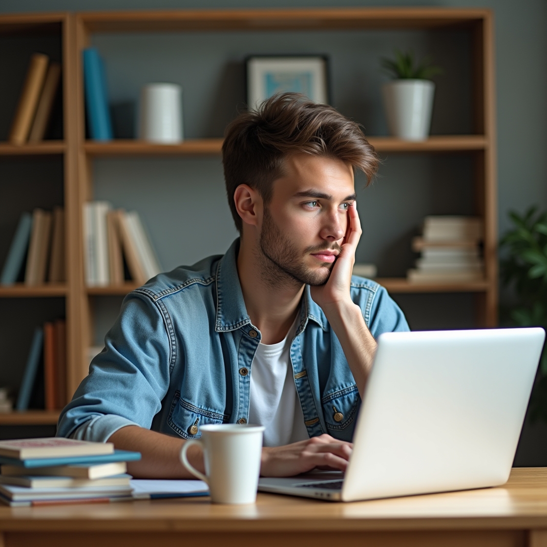 Homem jovem estudando em frente ao laptop, refletindo sobre erros e aprendizado em ambiente tranquilo de estudo.