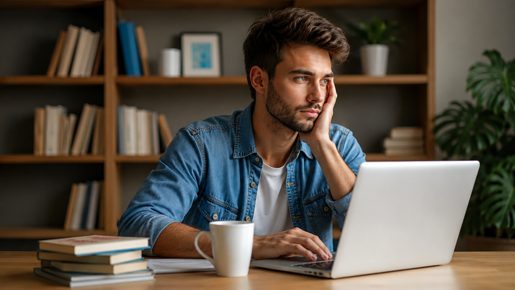 Homem jovem estudando em frente ao laptop, refletindo sobre erros e aprendizado em ambiente tranquilo de estudo.
