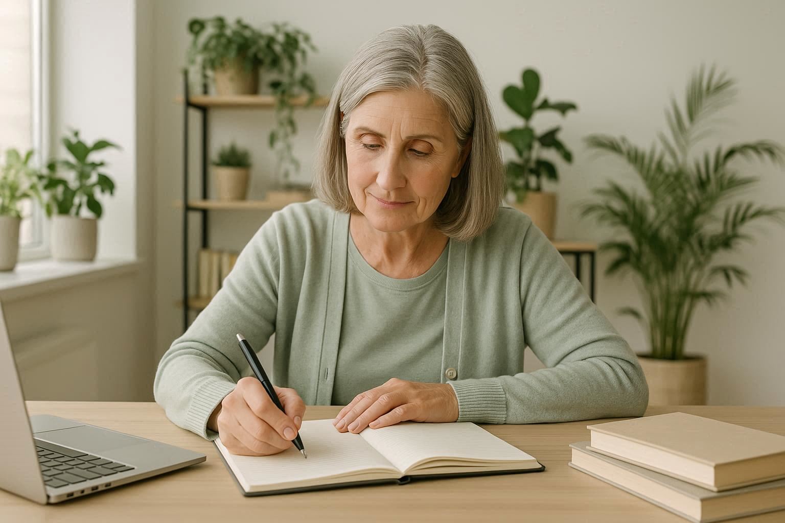 Mulher adulta estudando em casa, escrevendo em um caderno ao lado do notebook, em ambiente claro e tranquilo com plantas ao fundo.