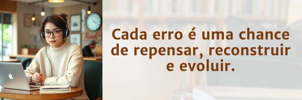 Jovem usando óculos e suéter claro digita em seu notebook, com a frase “Cada erro é uma chance de repensar, reconstruir e evoluir”.