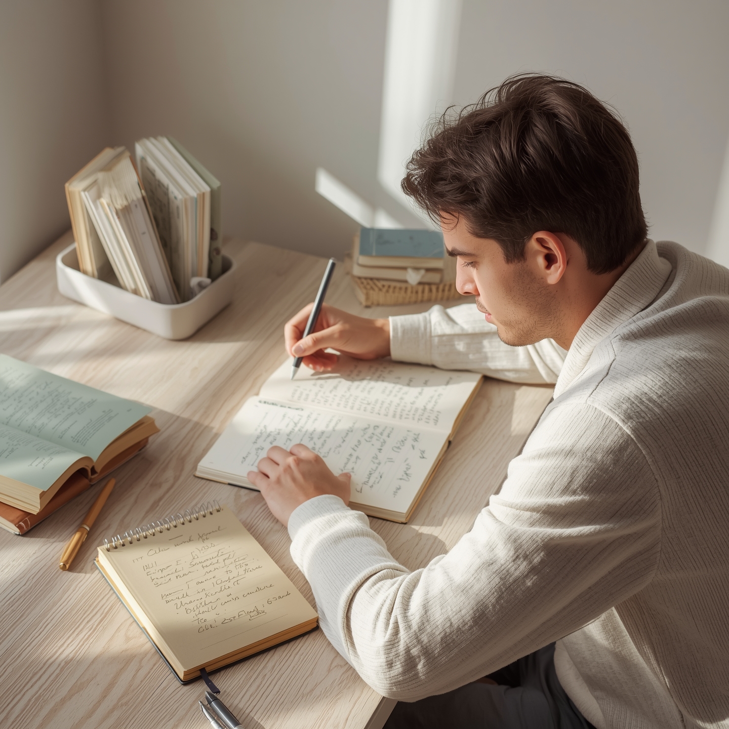 Estudante adulto concentrado estudando em uma mesa com poucos livros e caderno aberto, em ambiente realista e iluminado suavemente.