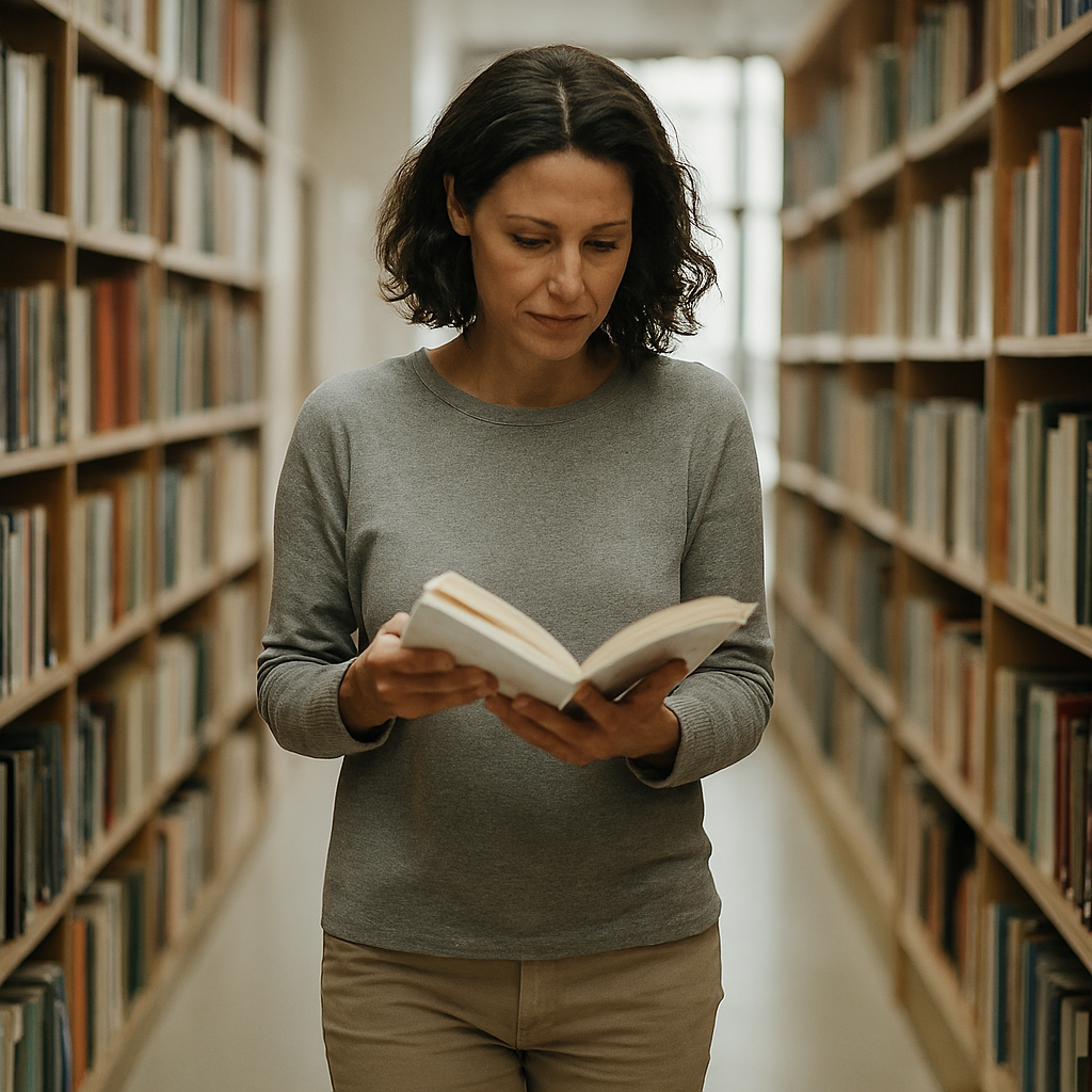 Pessoa adulta caminhando sozinha por um corredor de biblioteca moderna, folheando um livro com expressão curiosa, cercada por estantes de madeira repletas de livros, sob luz natural suave.