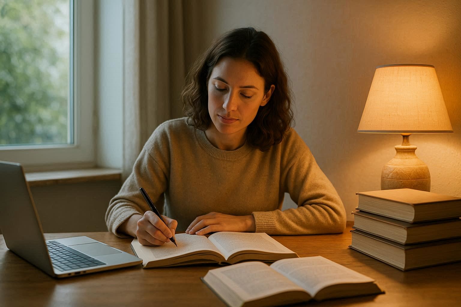 Pessoa estudando em uma mesa com laptop, livros abertos e luminária acesa, escrevendo em um caderno em um ambiente de estudo aconchegante.