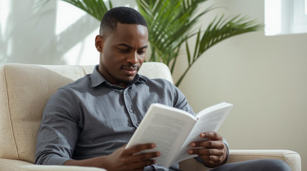 Homem adulto em pausa consciente com livro aberto — emoção e aprendizagem de verdade