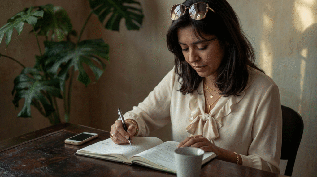 Mulher adulta reflete sobre o próprio erro com caderno aberto — aprender com o erro exige consciência.