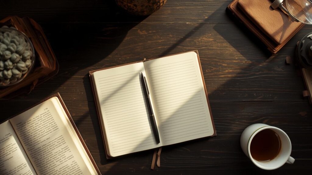 Mesa de estudo com caderno aberto, xícara e livro — ambiente de aprendizagem consciente