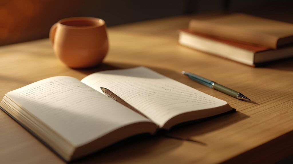 Mesa de estudo com caderno aberto e caneta ao lado — o momento antes de recomeçar após o fracasso