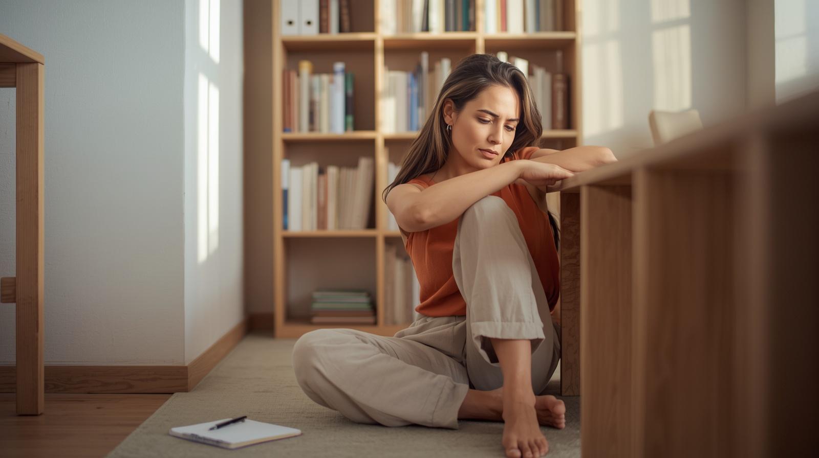 Mulher sentada no chão de sala de estudo com caderno ao lado — como lidar com o fracasso com consciência
