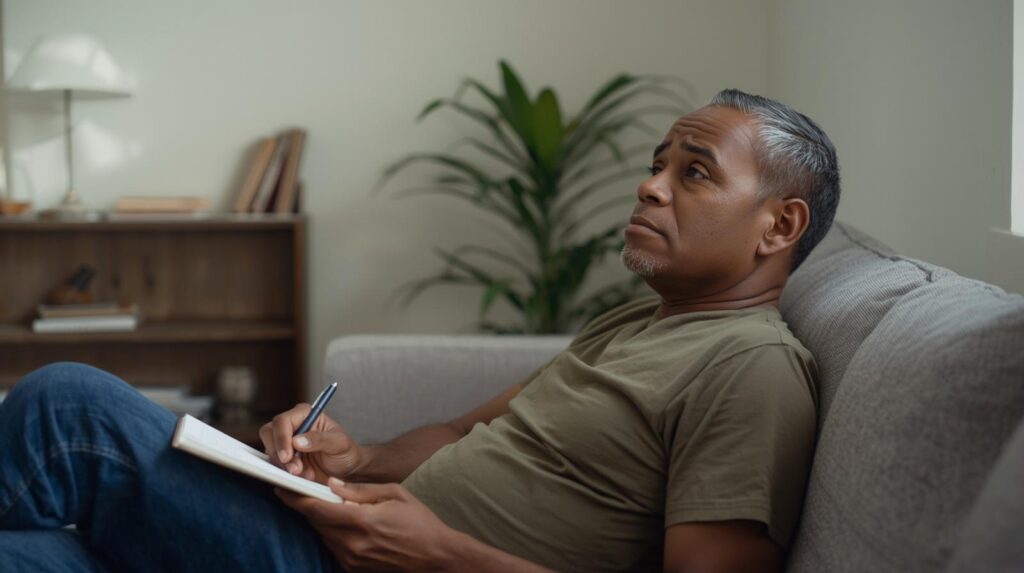 Homem adulto pardo em poltrona com caderno no colo, olhar reflexivo — motivação e propósito nos estudos