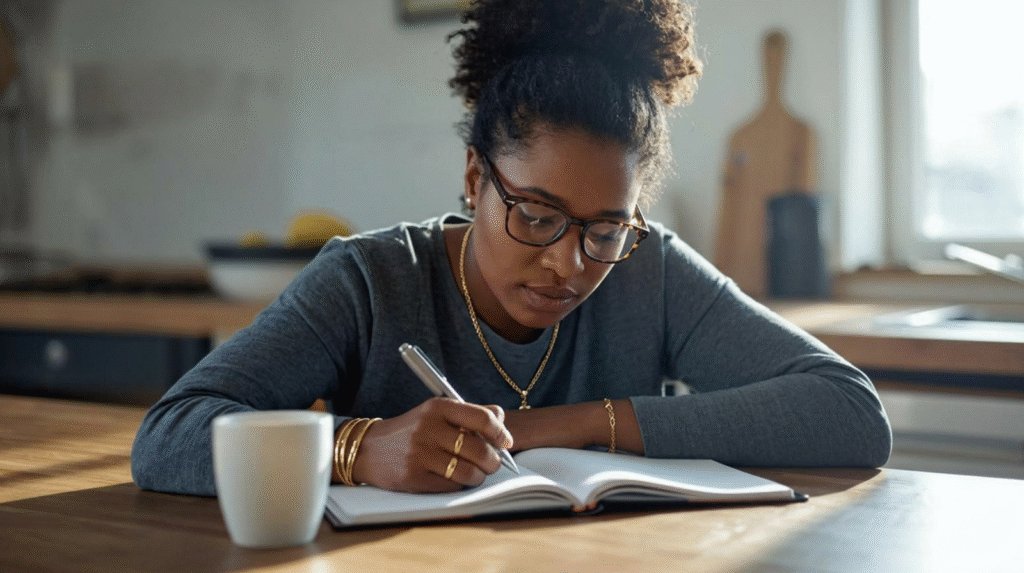 Mulher negra adulta estudando na mesa da cozinha com caderno e café — motivação real no dia a dia