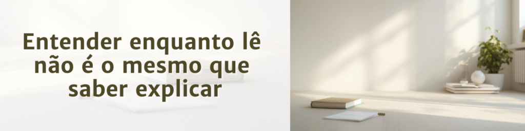Banner horizontal com mesa de estudos clara, livros organizados e objeto decorativo, iluminados por luz natural, em ambiente minimalista.