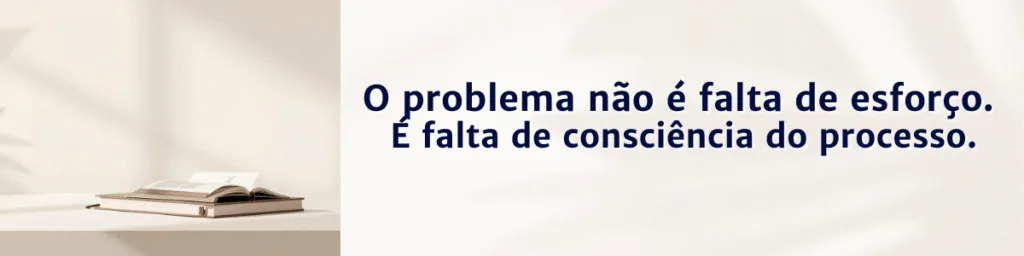 Caderno fechado sobre mesa minimalista iluminada, representando reflexão sobre o processo de aprendizagem no ensino superior.