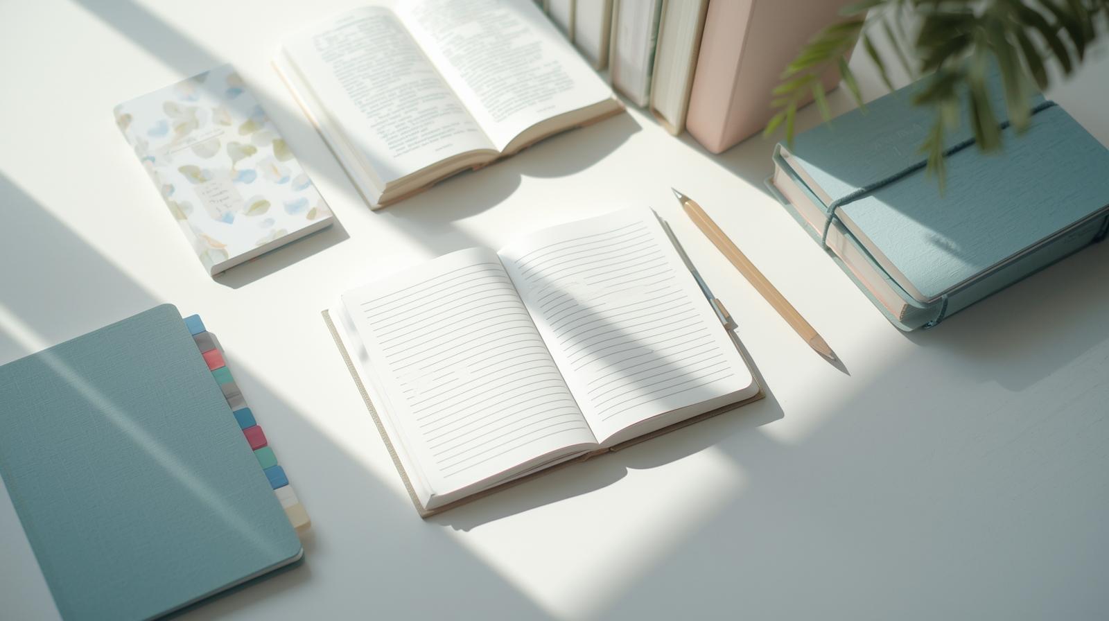 Mesa de estudos organizada com cadernos abertos, livros e lápis sobre superfície branca iluminada pela luz natural, representando planejamento e organização no ensino superior.