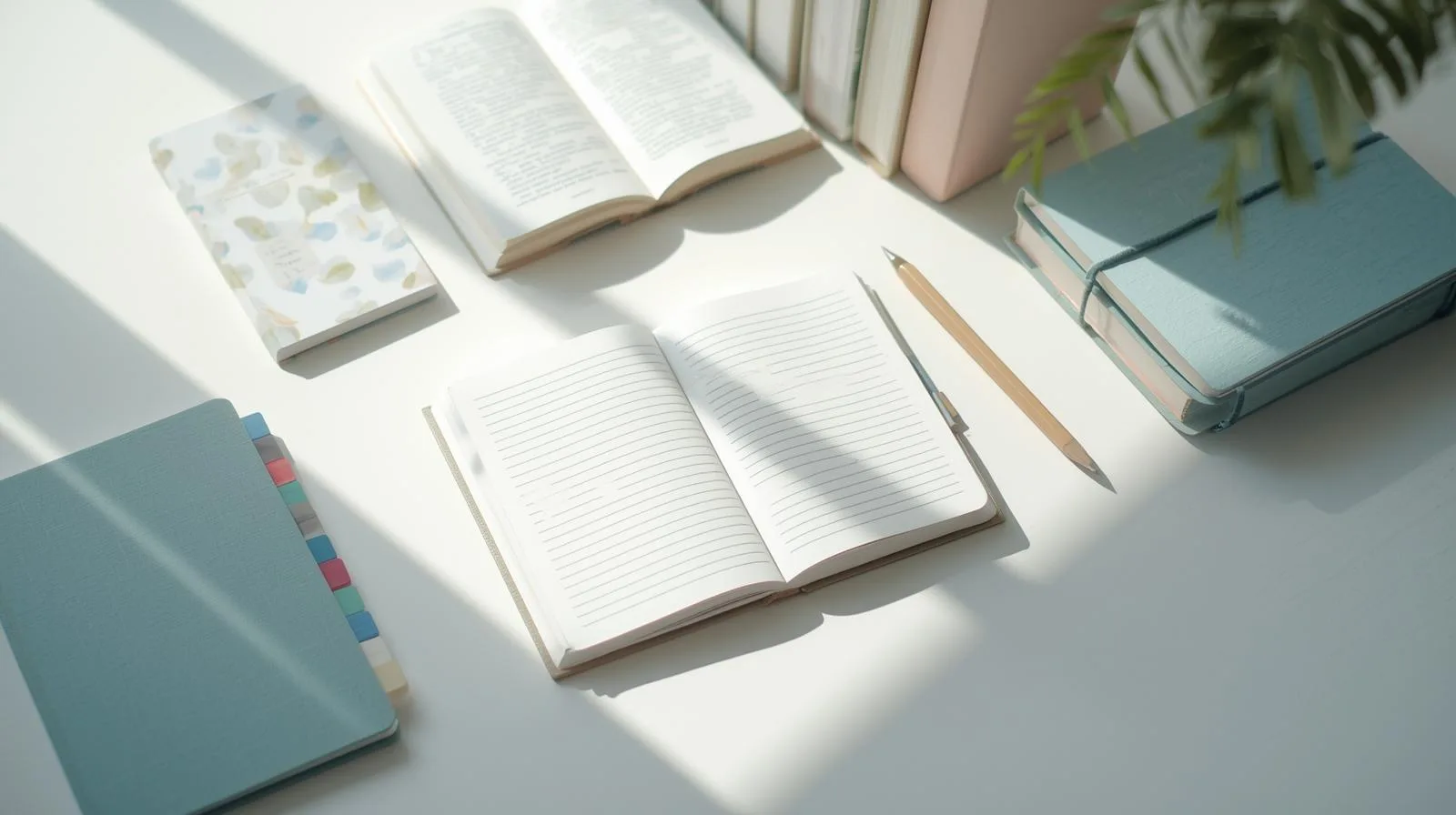 Mesa de estudos organizada com cadernos abertos, livros e lápis sobre superfície branca iluminada pela luz natural, representando planejamento e organização no ensino superior.