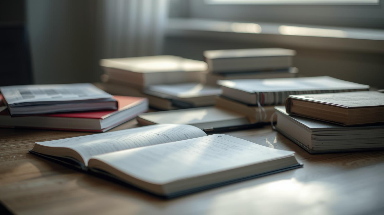 Mesa de estudos com caderno aberto e livros empilhados, iluminados por luz natural, em um ambiente calmo e organizado.