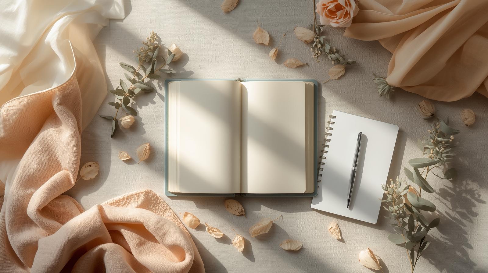 caderno aberto sobre mesa com folhas secas e ramos verdes — aprender a estudar