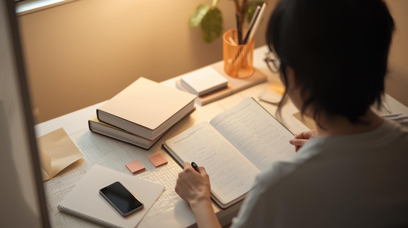mulher estudando de costas em mesa com caderno aberto, livros e celular desligado — aprendizagem consciente e construção do saber, EntreSaberes.com